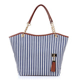 Striped Casual Tote Canvas Handbag Shoulder Shopping Bags Zipper Large Bag