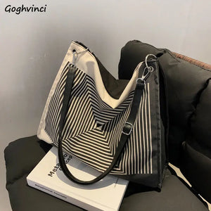 Striped Shoulder Bags Women Casual Tote Nylon Handbags Large Capacity