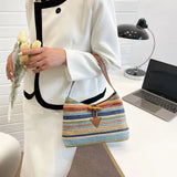 Striped Straw Shoulder Bag For Women Woven Handbag Raffia Rattan Bag