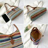 Striped Straw Shoulder Bag For Women Woven Handbag Raffia Rattan Bag