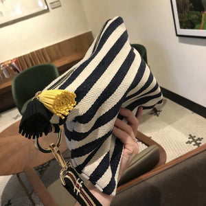 Striped Tassel Canvas Clutch Bag Large Capacity Cosmetic Pouch