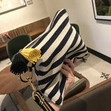 Striped Tassel Canvas Clutch Bag Large Capacity Cosmetic Pouch