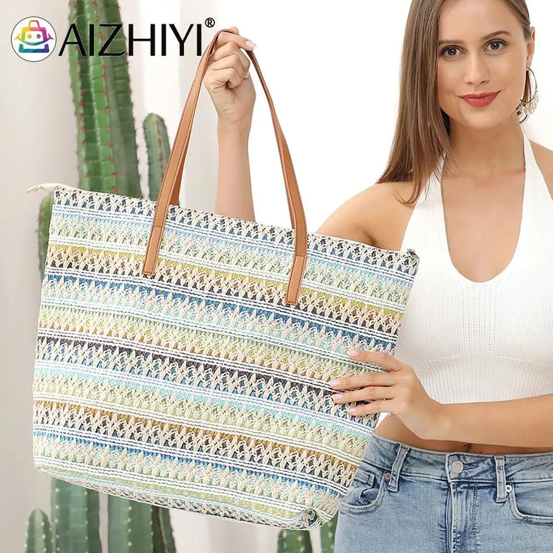 Stripes Straw Totes Bag Women Shoulder Bag Summer Beach Handbag