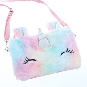 Unicorn Shoulder Bag Girl Plush Crossbody Square Rainbow Fur Purse