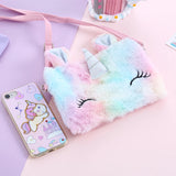 Unicorn Shoulder Bag Girl Plush Crossbody Square Rainbow Fur Purse