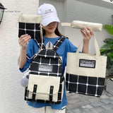 Canvas College Backpack Plaid School Bag Set for Teenager Girl Women