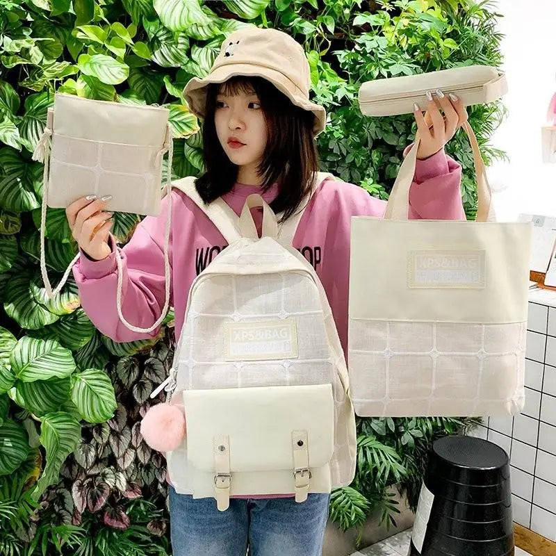 Canvas College Backpack Plaid School Bag Set for Teenager Girl Women