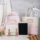 Canvas College Backpack Plaid School Bag Set for Teenager Girl Women