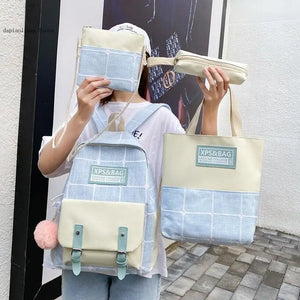 Canvas College Backpack Plaid School Bag Set for Teenager Girl Women