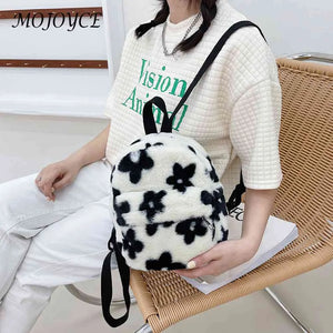 Floral Print Mini Backpack for Girls, Plush Schoolbag Purse