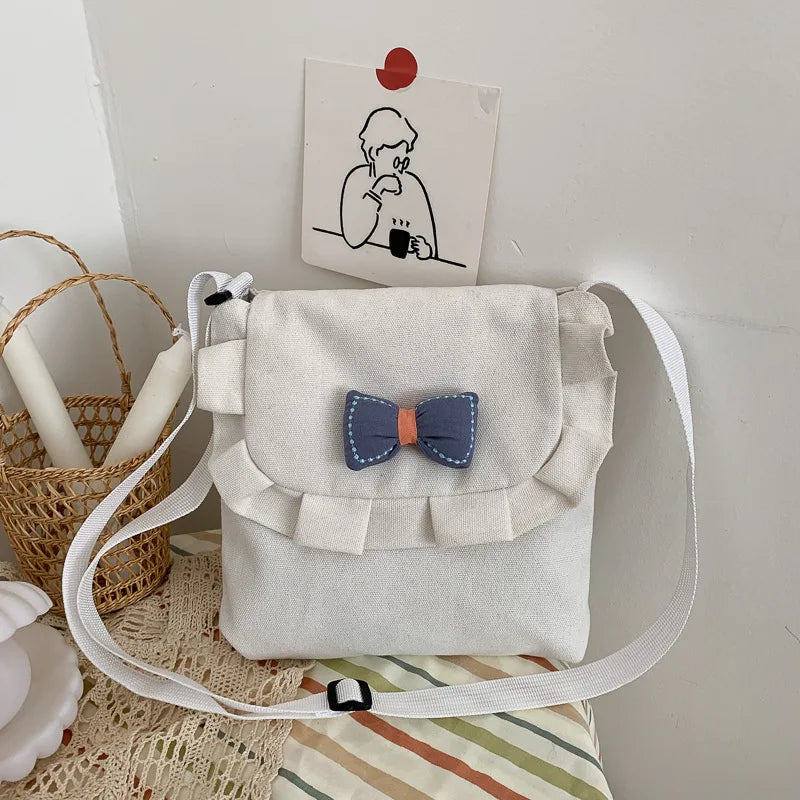 Girls Canvas Shoulder Bag, Sweet Bowknot School Handbag