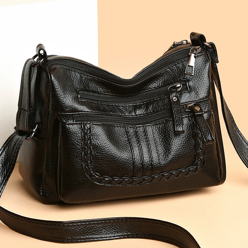 Stylish Multi-Zipper Shoulder Bag PU Leather Messenger Bags Women Tote Purse