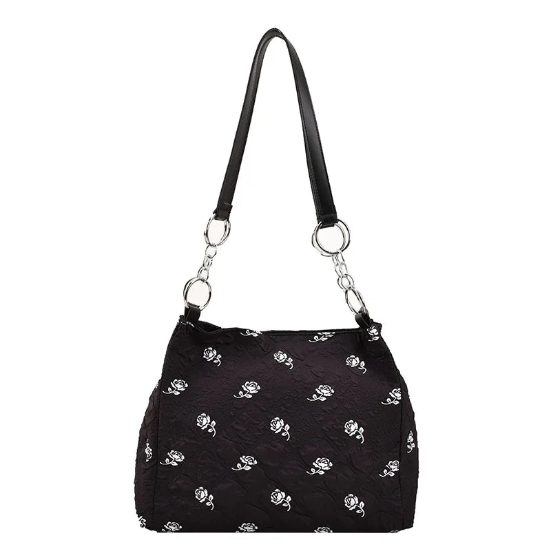 Rose Printed PU Leather Shoulder Bag Bucket Tote for Women