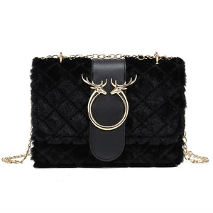 Chic Deer Head Plush Crossbody Bag with Chain Strap