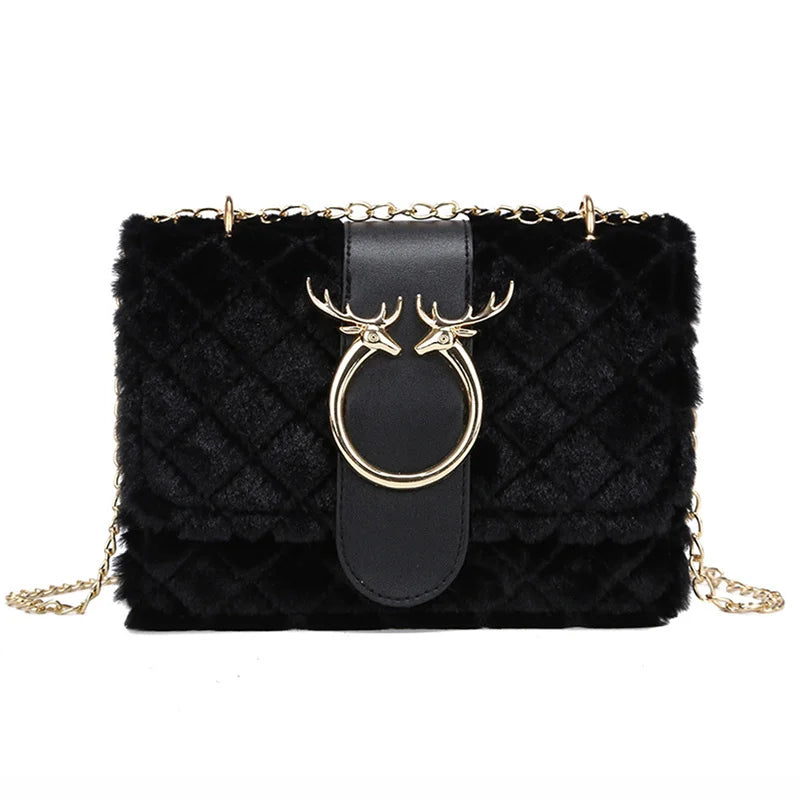 Chic Deer Head Plush Crossbody Bag with Chain Strap