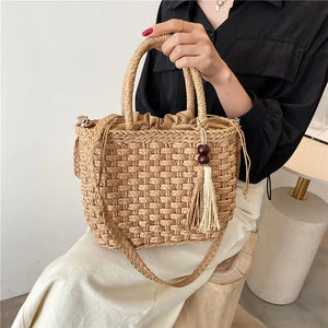 Summer Beach Tote Drawstring Crossbody Straw Bag Women Handbags
