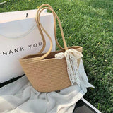 Summer Beach Straw Woven Tote Bag Bow Travel Shoulder Bag