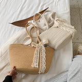 Summer Beach Straw Woven Tote Bag Bow Travel Shoulder Bag