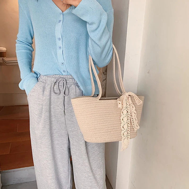 Summer Beach Straw Woven Tote Bag Bow Travel Shoulder Bag
