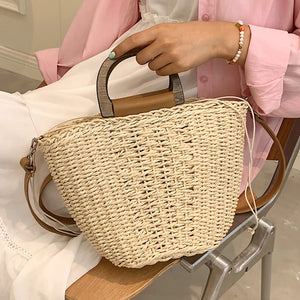 Straw Rattan Beach Shoulder Bucket Crossbody Bag