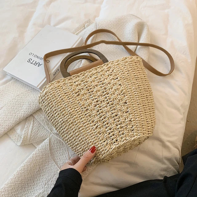 Straw Rattan Beach Shoulder Bucket Crossbody Bag