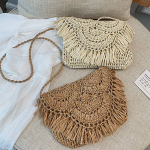 Summer Beach Vacation Women Tassels Straw Rattan Weave Crossbody Bag