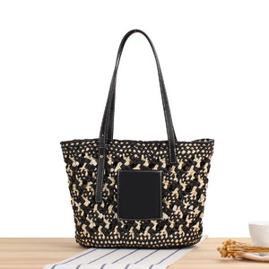 Summer Braided Cutout Tote Bag Women Contrast Straw Shoulder Bag