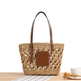 Summer Braided Cutout Tote Bag Women Contrast Straw Shoulder Bag