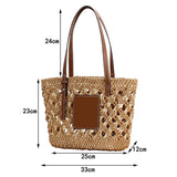 Summer Braided Cutout Tote Bag Women Contrast Straw Shoulder Bag