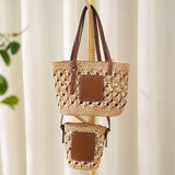 Summer Braided Cutout Tote Bag Women Contrast Straw Shoulder Bag