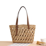 Summer Braided Cutout Tote Bag Women Contrast Straw Shoulder Bag