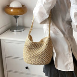 Women Straw Shoulder Bucket Bag Beach Holiday Handbag