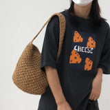 Women Straw Shoulder Bucket Bag Beach Holiday Handbag