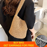 Women Straw Shoulder Bucket Bag Beach Holiday Handbag