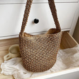 Women Straw Shoulder Bucket Bag Beach Holiday Handbag