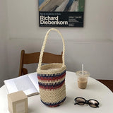 Summer Bucket Shoulder Bag Drawstring Woven Tote Stripe Handbag