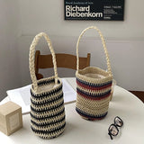 Summer Bucket Shoulder Bag Drawstring Woven Tote Stripe Handbag