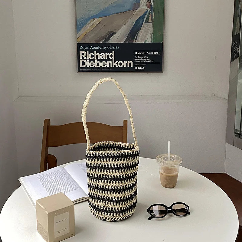 Summer Bucket Shoulder Bag Drawstring Woven Tote Stripe Handbag