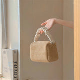 Summer Contrast Straw Bag Small Square Bag Pleated Handle Totes