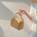 Summer Contrast Straw Bag Small Square Bag Pleated Handle Totes