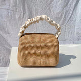 Summer Contrast Straw Bag Small Square Bag Pleated Handle Totes