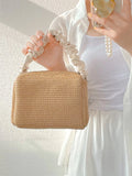 Summer Contrast Straw Bag Small Square Bag Pleated Handle Totes
