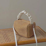 Summer Contrast Straw Bag Small Square Bag Pleated Handle Totes