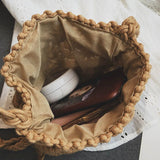 Summer Cotton Bucket Shoulder Bag Women Woven Drawstring Bag