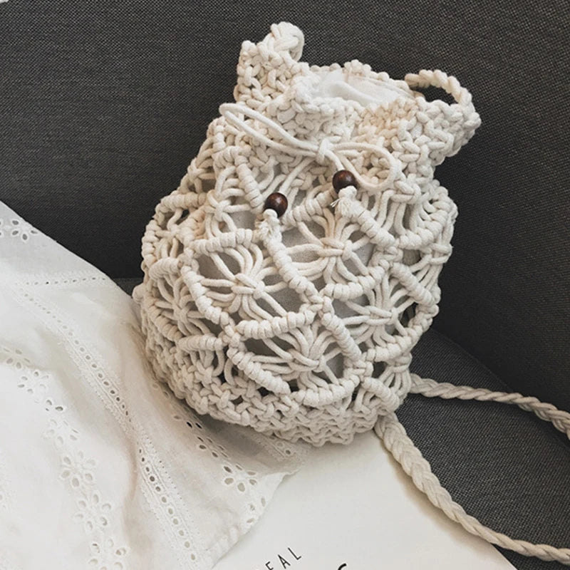 Summer Cotton Bucket Shoulder Bag Women Woven Drawstring Bag