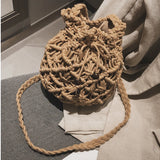 Summer Cotton Bucket Shoulder Bag Women Woven Drawstring Bag
