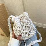 Summer Cotton Bucket Shoulder Bag Women Woven Drawstring Bag