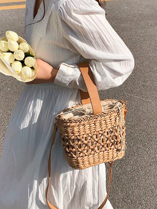 Straw Shoulder Bag Weaving Top Handle Bucket Beach Bags