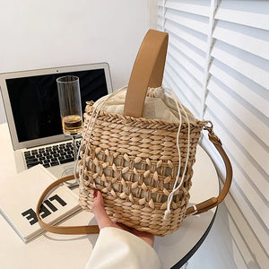 Straw Shoulder Bag Weaving Top Handle Bucket Beach Bags