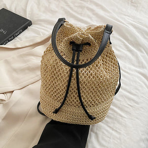 Summer Straw Bucket Bag Drawstring Crossbody Travel Beach Purse